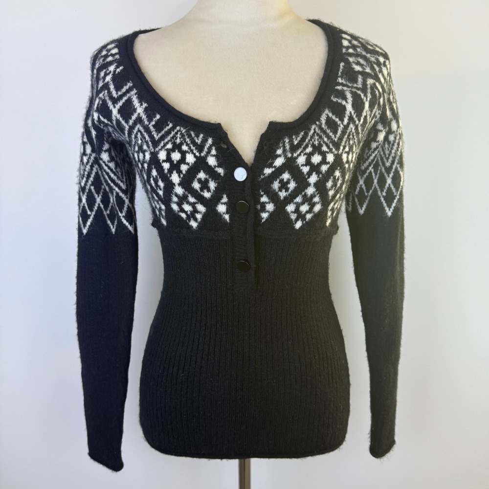 INC International Concepts Wool Blend Henley Fitted Sweater Black/White Size LG